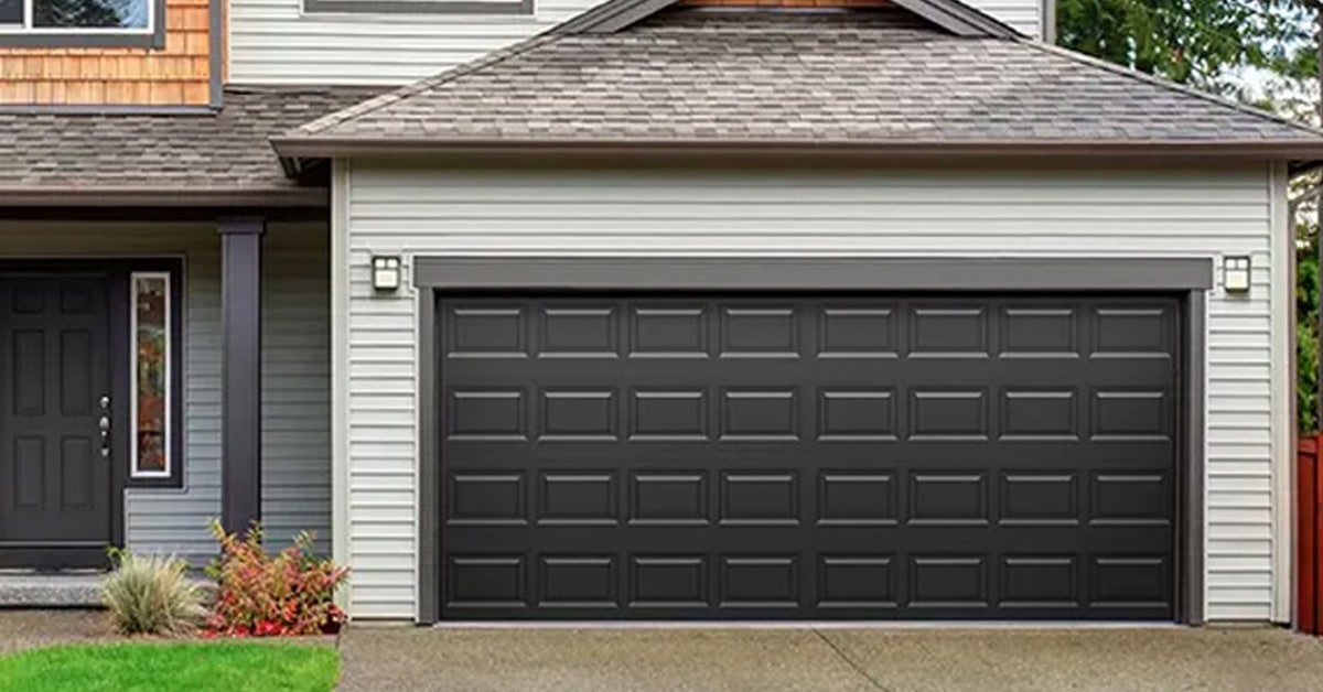 Classic inlayed-panel, black 5-panel steel garage door by Clopay