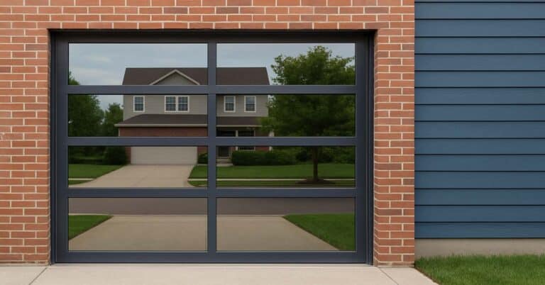 Reflection of a suburban house and trees in the glass panels of a modern garage door, set in a brick and blue-paneled exterior wall.