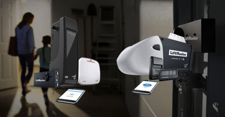 Assorted LiftMaster garage door openers and smart controls overlaid on a garage entry scene with a woman and child.
