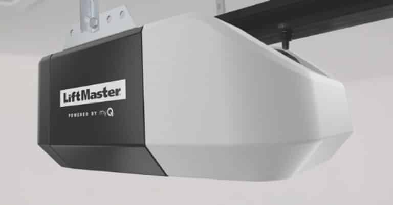 Ceiling-mounted LiftMaster garage door opener, black and gray, myQ-enabled.